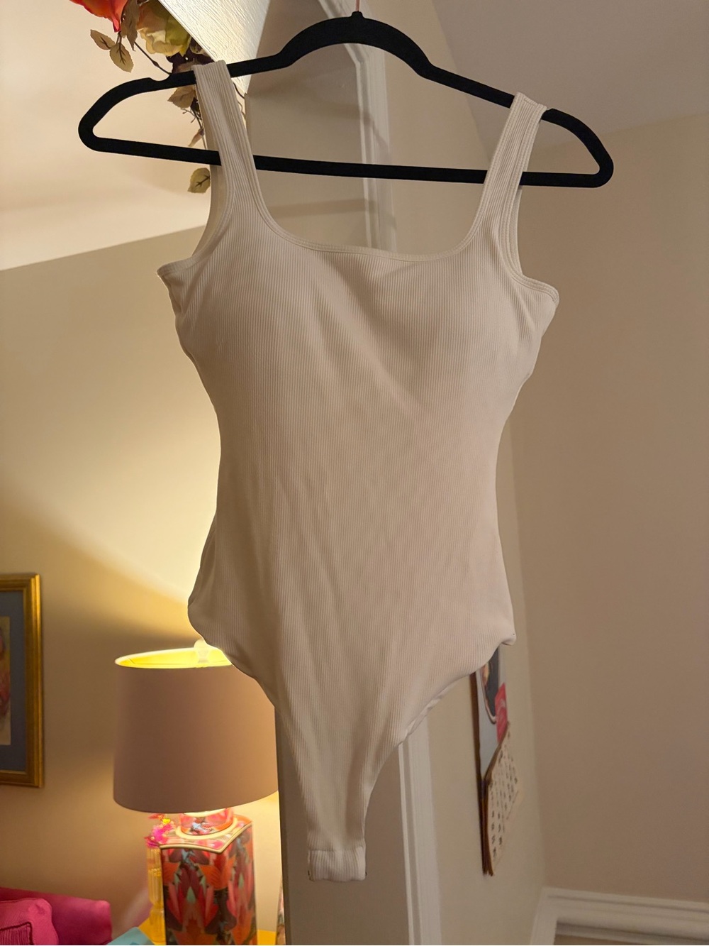 Klassy Network  Creamy White Ribbed Square-Neck Tank Bodysuit size medium